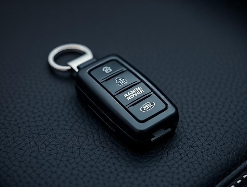 Black Range Rover car key fob with buttons for lock, unlock, and trunk on black textured surface.