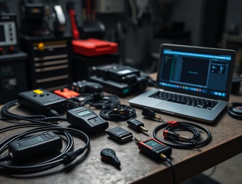 Workspace table with various audio and video cables, adapters, a small device with a screen, and an open laptop displaying software interface.