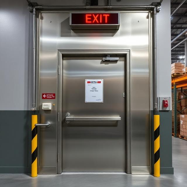 Industrial metal exit door with red illuminated EXIT sign above, safety bollards with black and yellow stripes on each side in a warehouse setting.