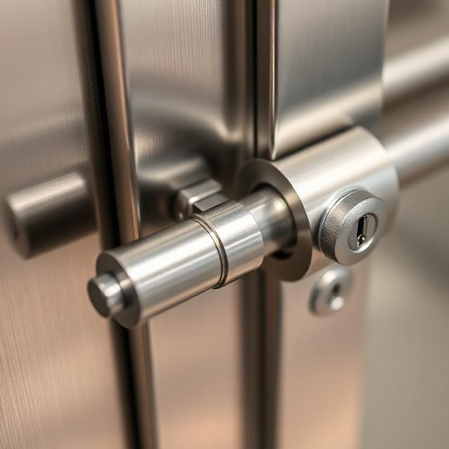 Close-up of a silver metal door bolt lock with a keyhole on a brushed metal door.