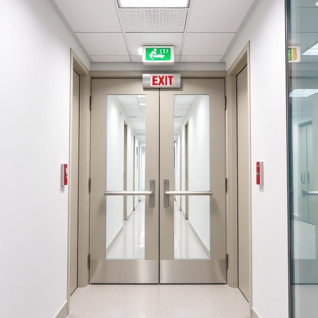 Double beige exit doors with glass panels in a white hallway, featuring an exit sign and emergency push bars.