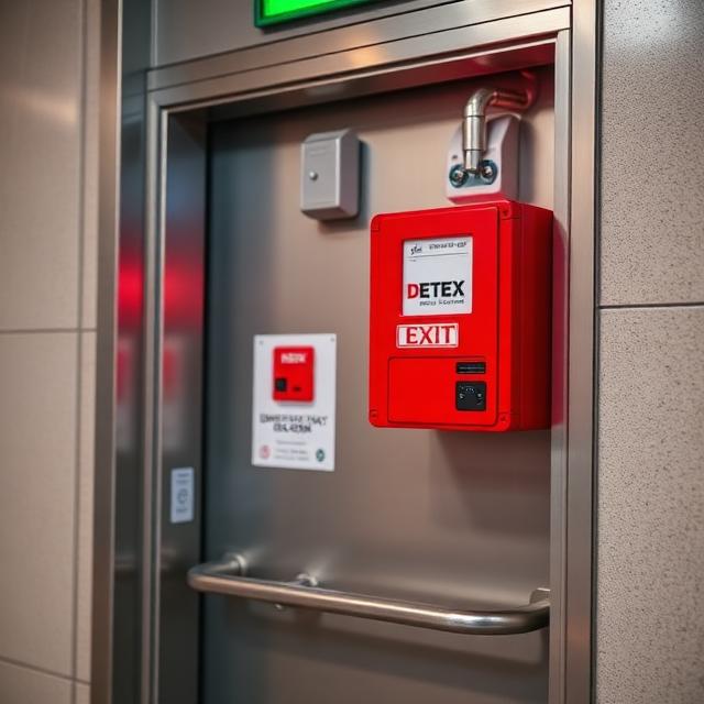 Metal door with a horizontal push bar and a red DETEX exit alarm box mounted above it in a hallway.
