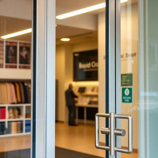 Open glass door with metal handles leading into a retail store interior showing shelves of folded clothes and a person at the counter.