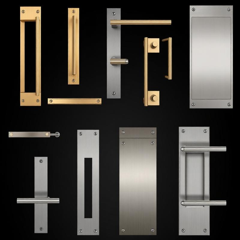 Assorted modern metal door handles and plates in gold and silver finishes arranged on a black background.