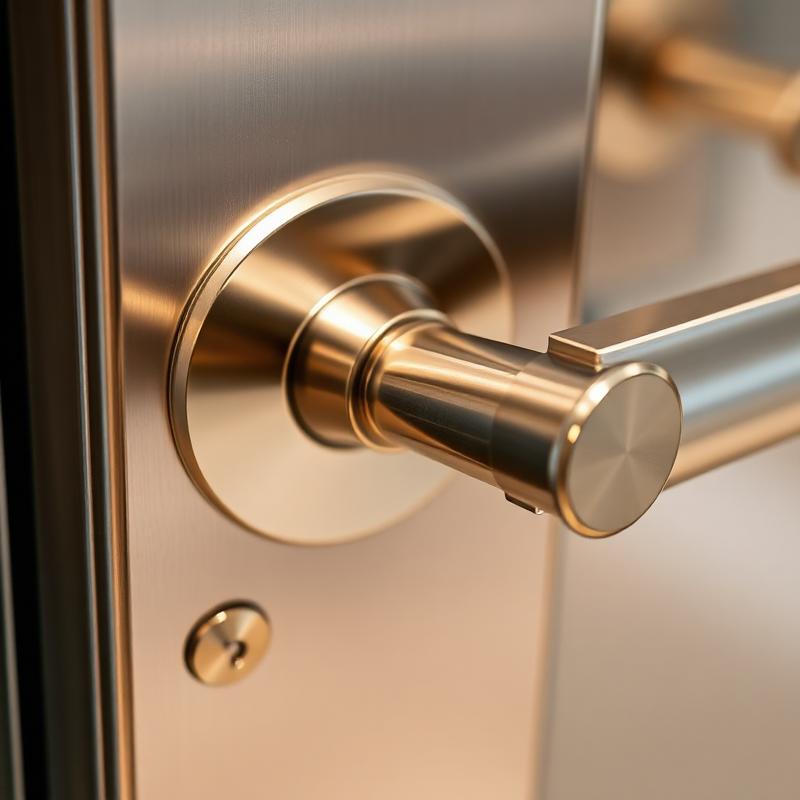 Close-up view of a modern brushed gold door handle with a matching keyhole on a door.