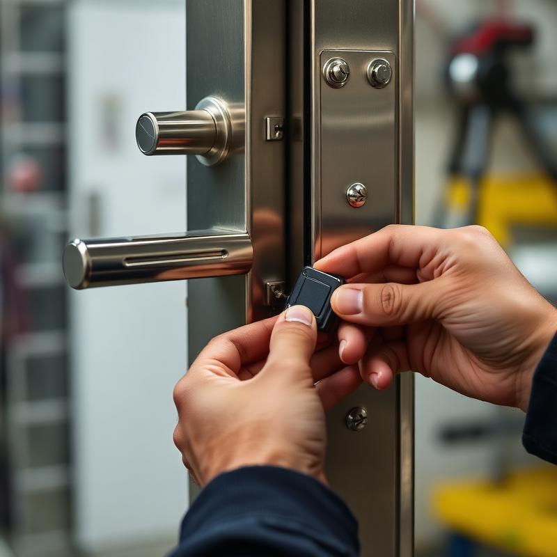 Person using a small black electronic key fob to unlock a modern metal door lock with a silver handle.
