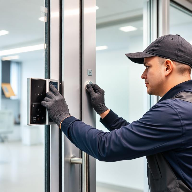 Security guard wearing black gloves and cap scanning a fingerprint on a door access panel.