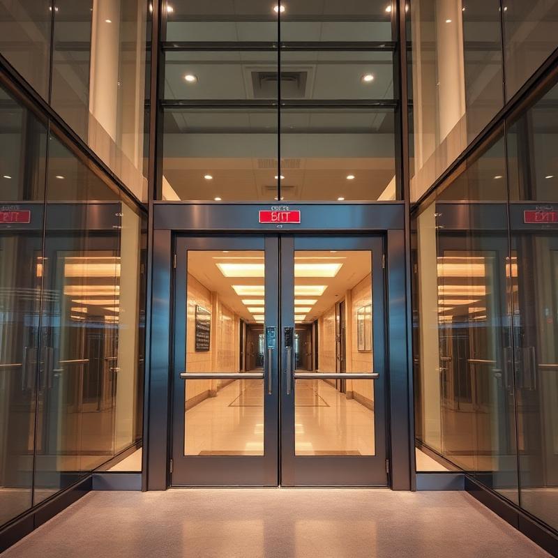 Glass double doors leading to a well-lit hallway with beige walls and ceiling lights.