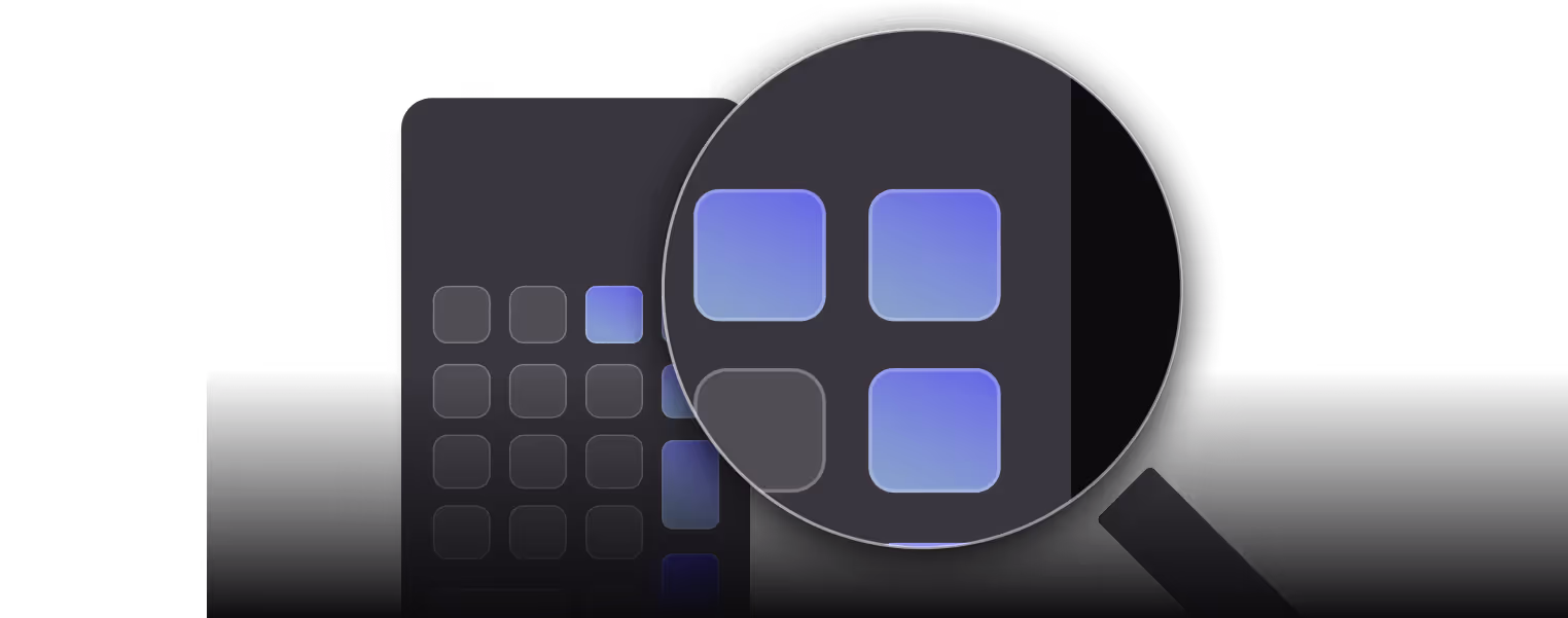 A dark grey rectangular device, resembling a tablet, overlaid on the device is a dark magnifying glass focusing on four square icons.