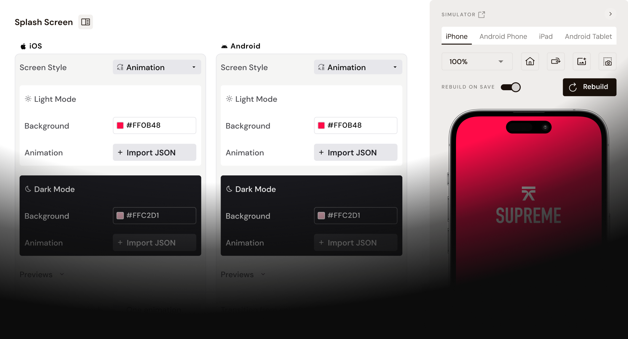 A user interface (UI) displaying options for customizing a splash screen for iOS and Android mobile apps. Sections for iOS and Android are vertically aligned. Each section has settings for "Screen Style", "Background", and "Animation."