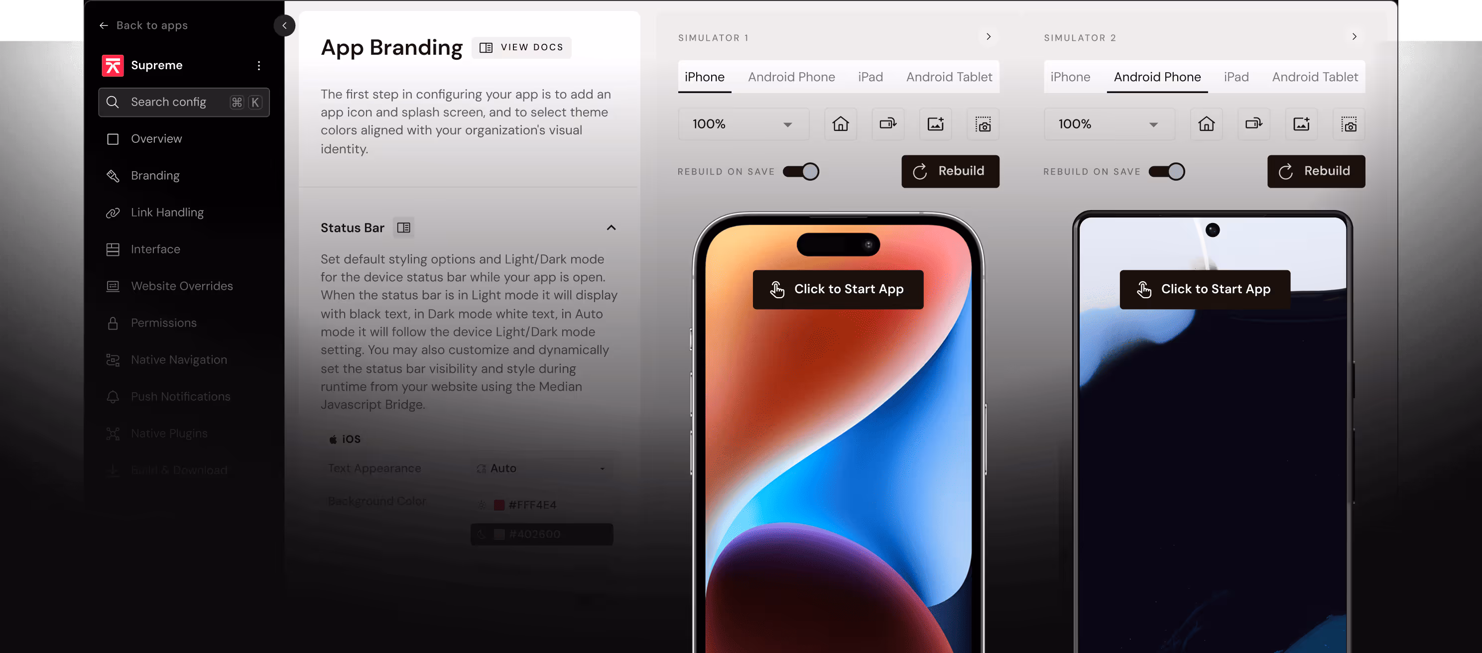 A digital interface displays a section titled "App Branding." On the left side of the interface, a menu with various options is visible, including "Search," "Previews," "Branding," "Link Handling," "Insiders," and more. The right side of the interface showcases mockups of phone screens.
