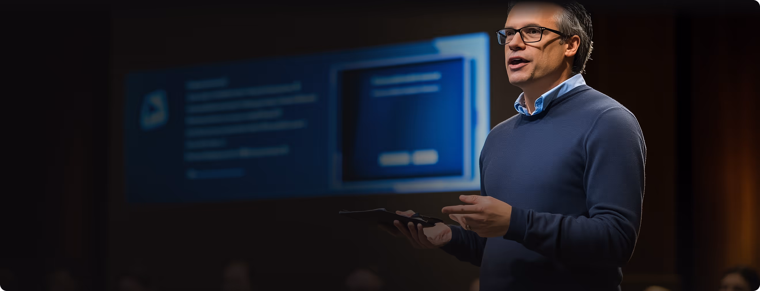 A man gives a speech in front of a screen showing some type of data. He has grey hair and wears dark eyeglasses.