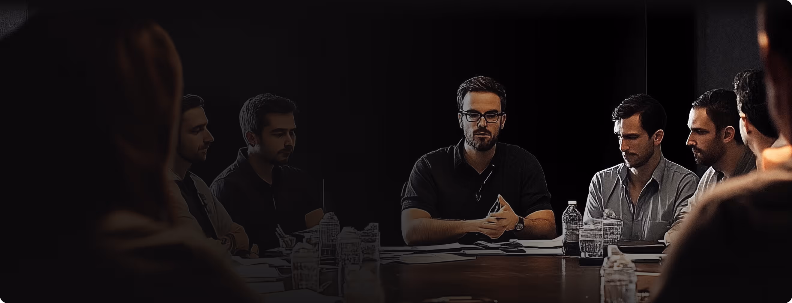 A group of men around a table, they seem to be in an office setting discussing project ideas.