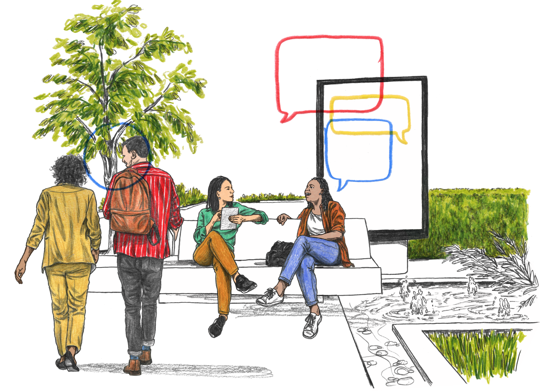 Two people walk past while two others sit on a bench chatting near a fountain and speech bubbles.