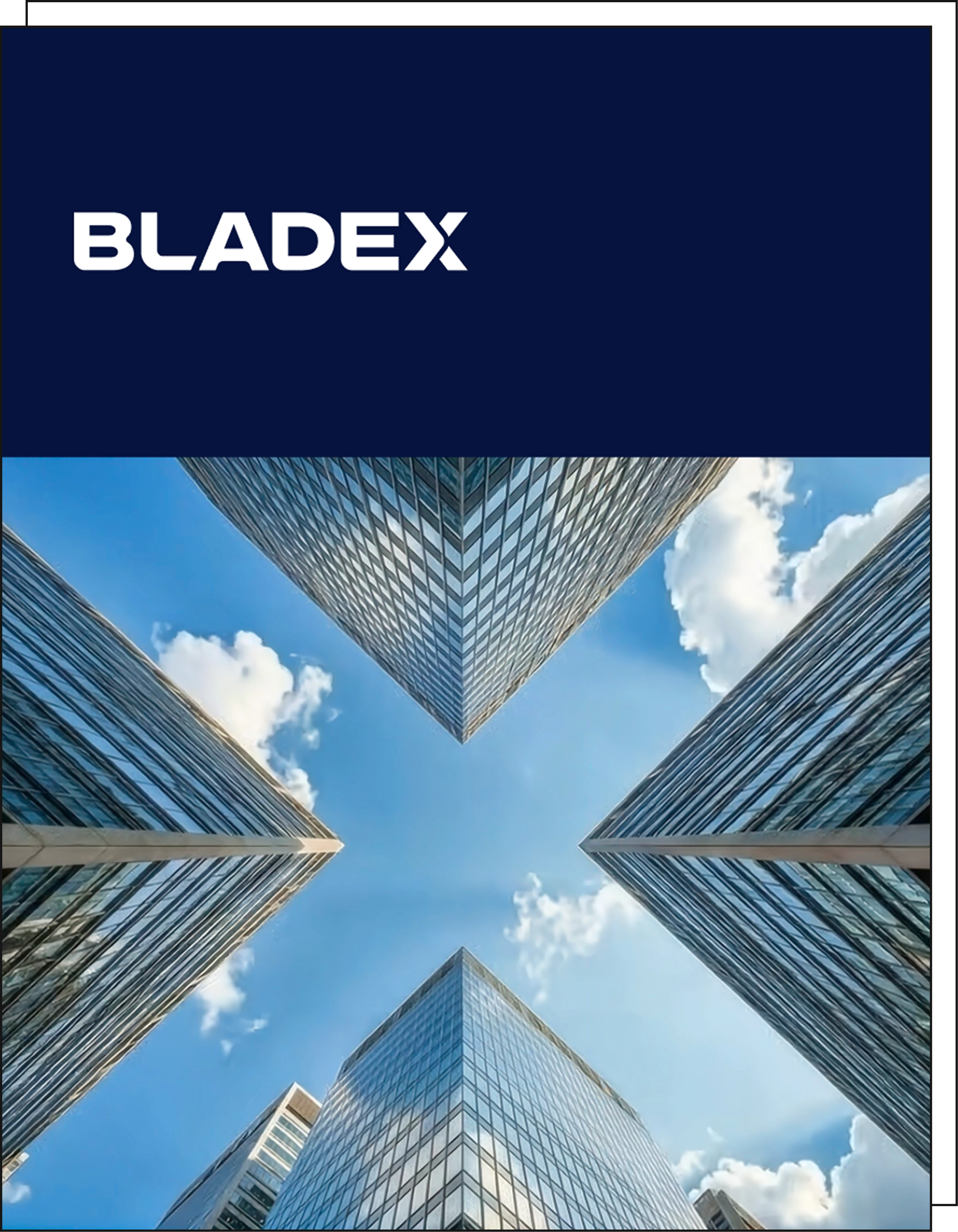 Bladex logo above a view looking up between modern buildings