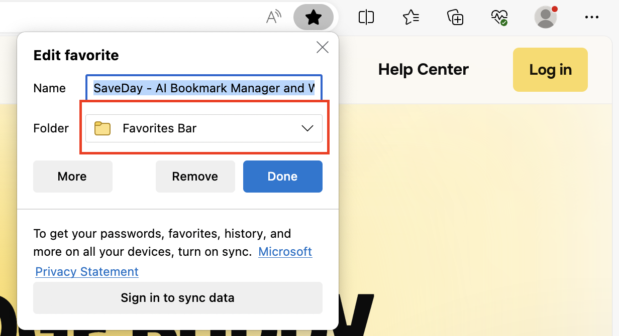 Save bookmarks on Microsoft Edge