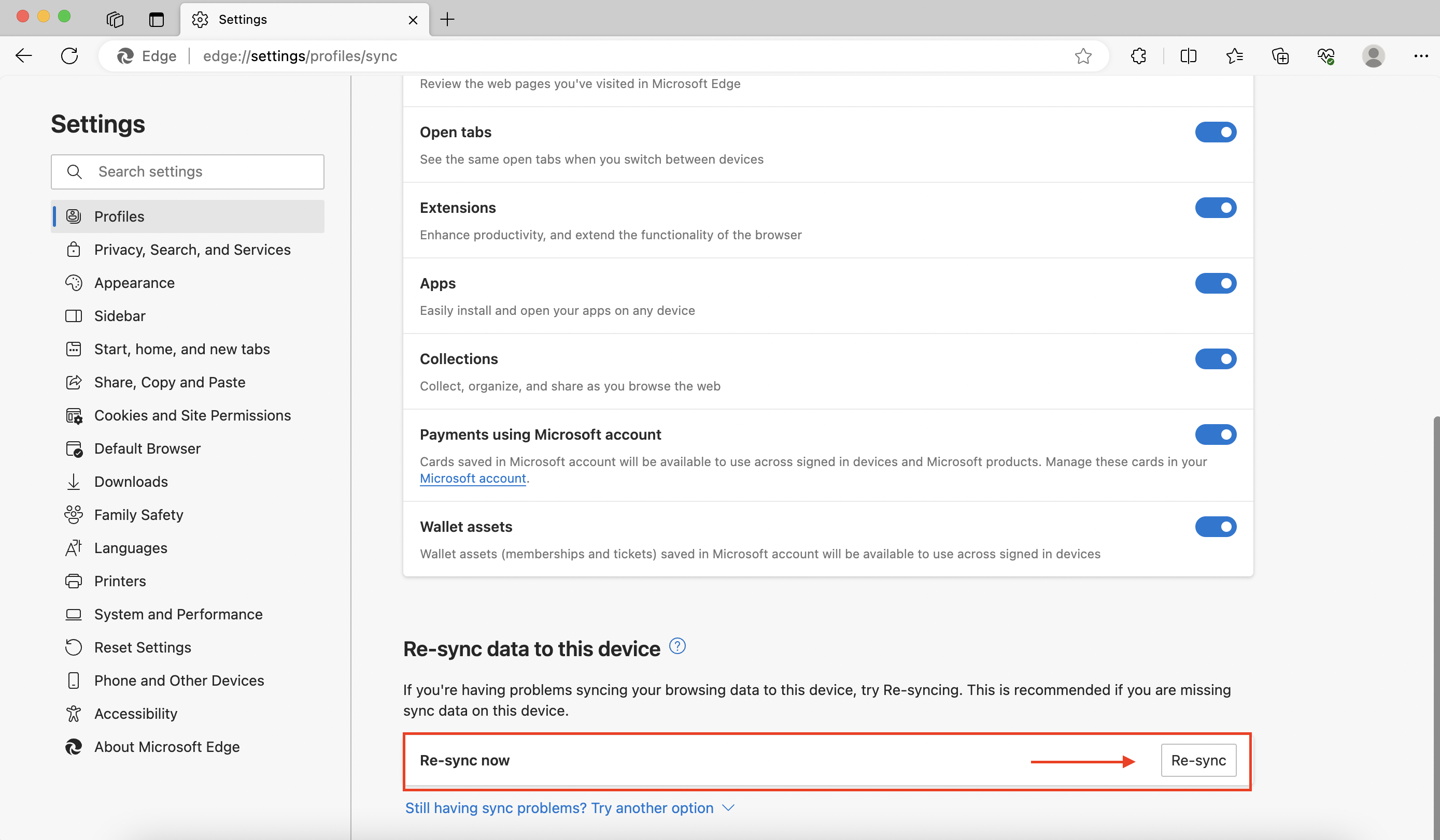 Re-sync data to find bookmarks in Edge that went missing