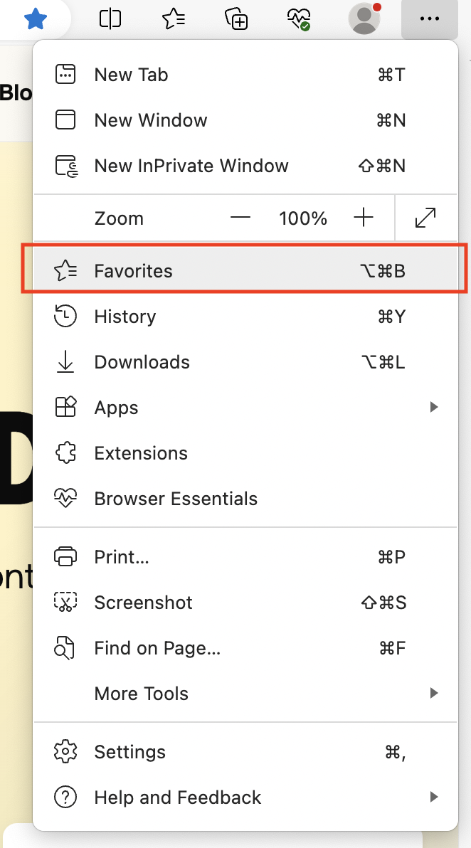 How to find bookmarks in Edge - Click on Favorites