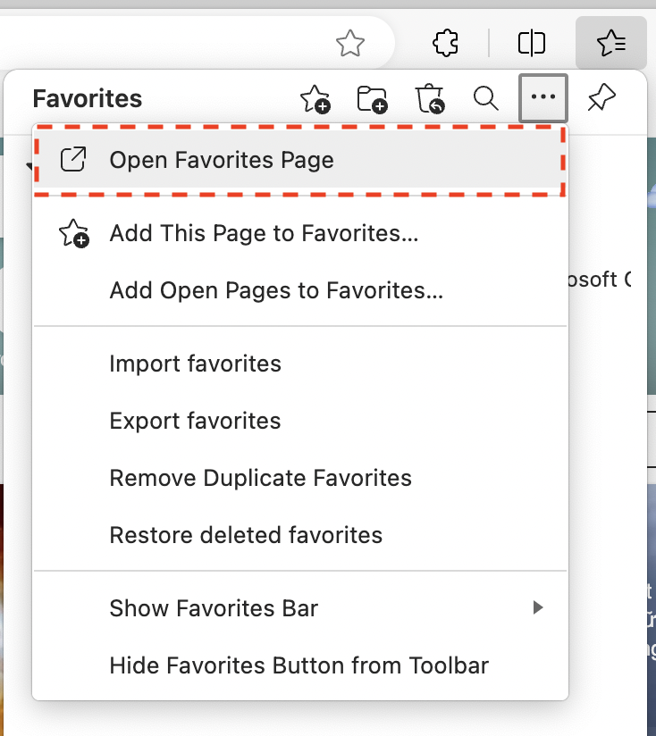 Open Favorites Page in Edge to delete all bookmarks