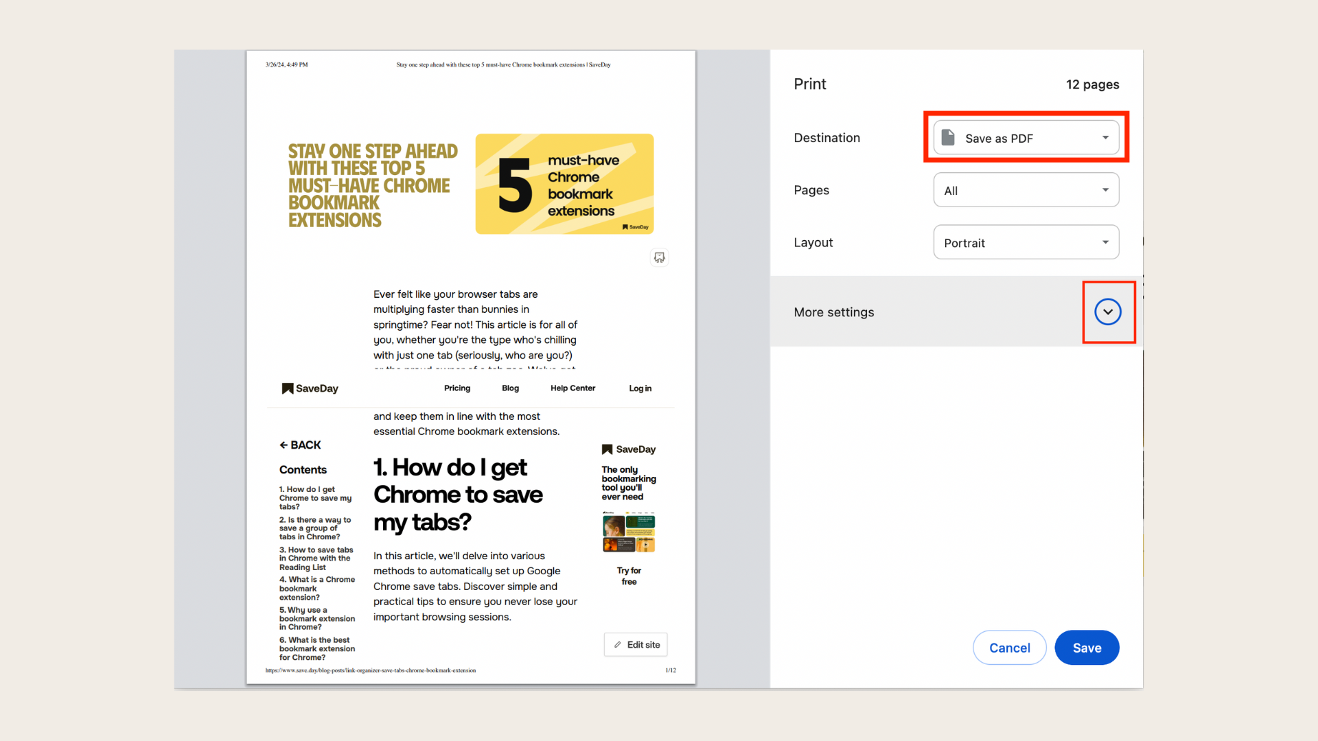 Learn how to save an article as a PDF with bookmarks showing