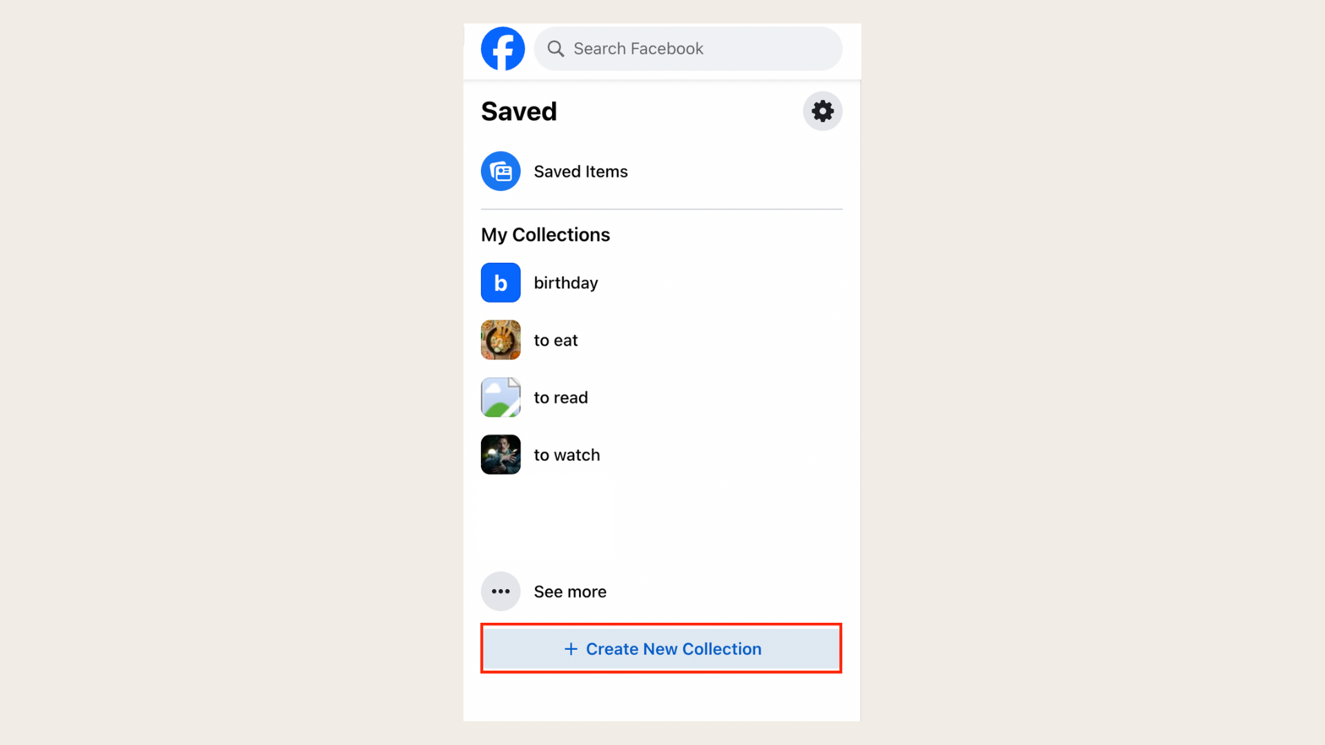 create a new collection to easily find saved articles on Facebook