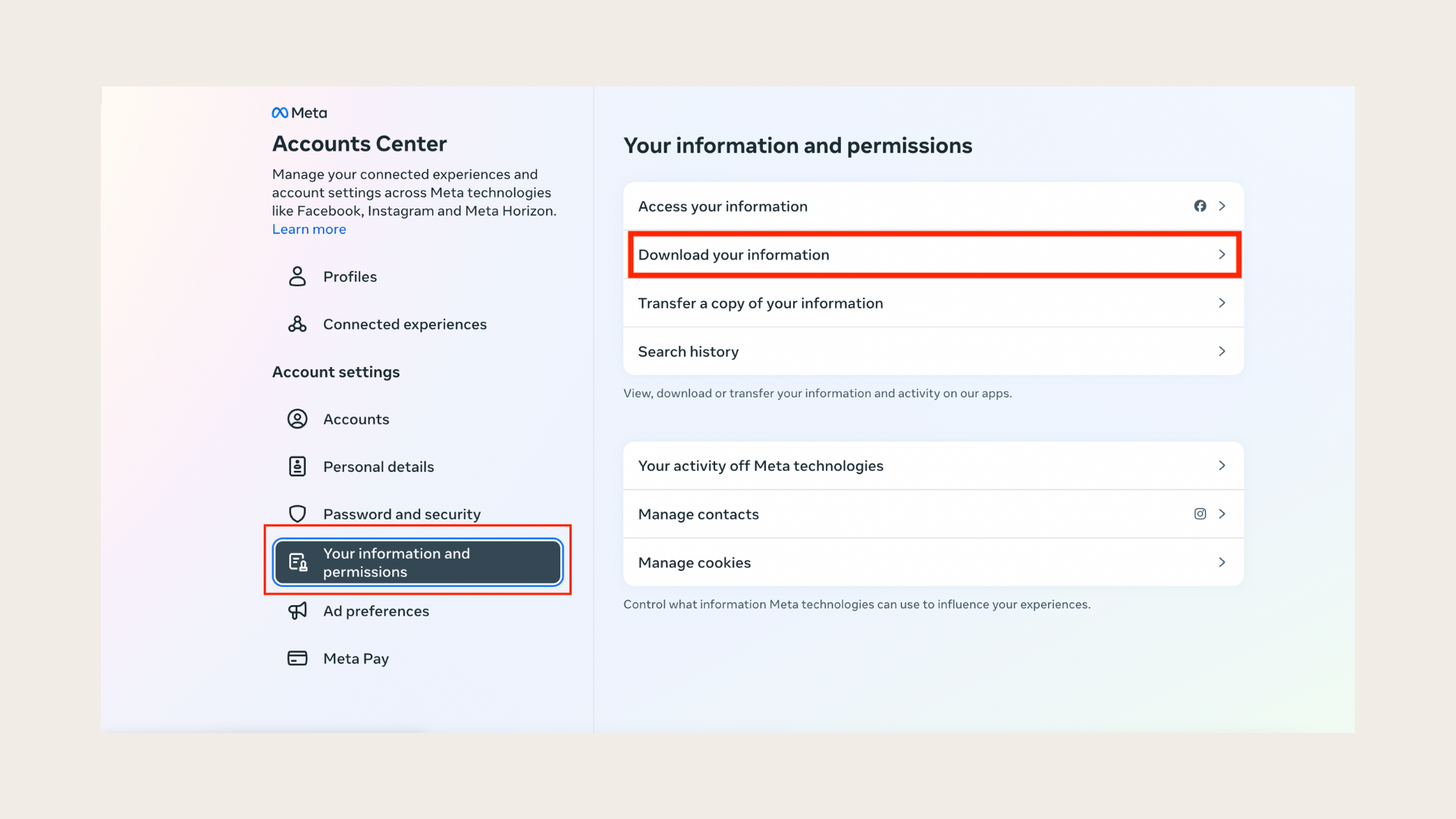 Download your information to find saved posts on Facebook