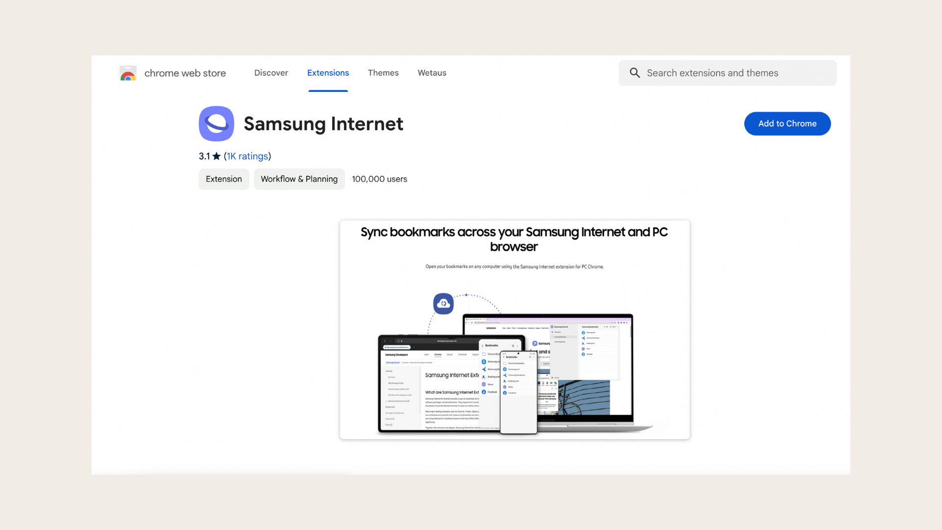 Import bookmarks to Samsung browser for desktop in Chrome Web Store