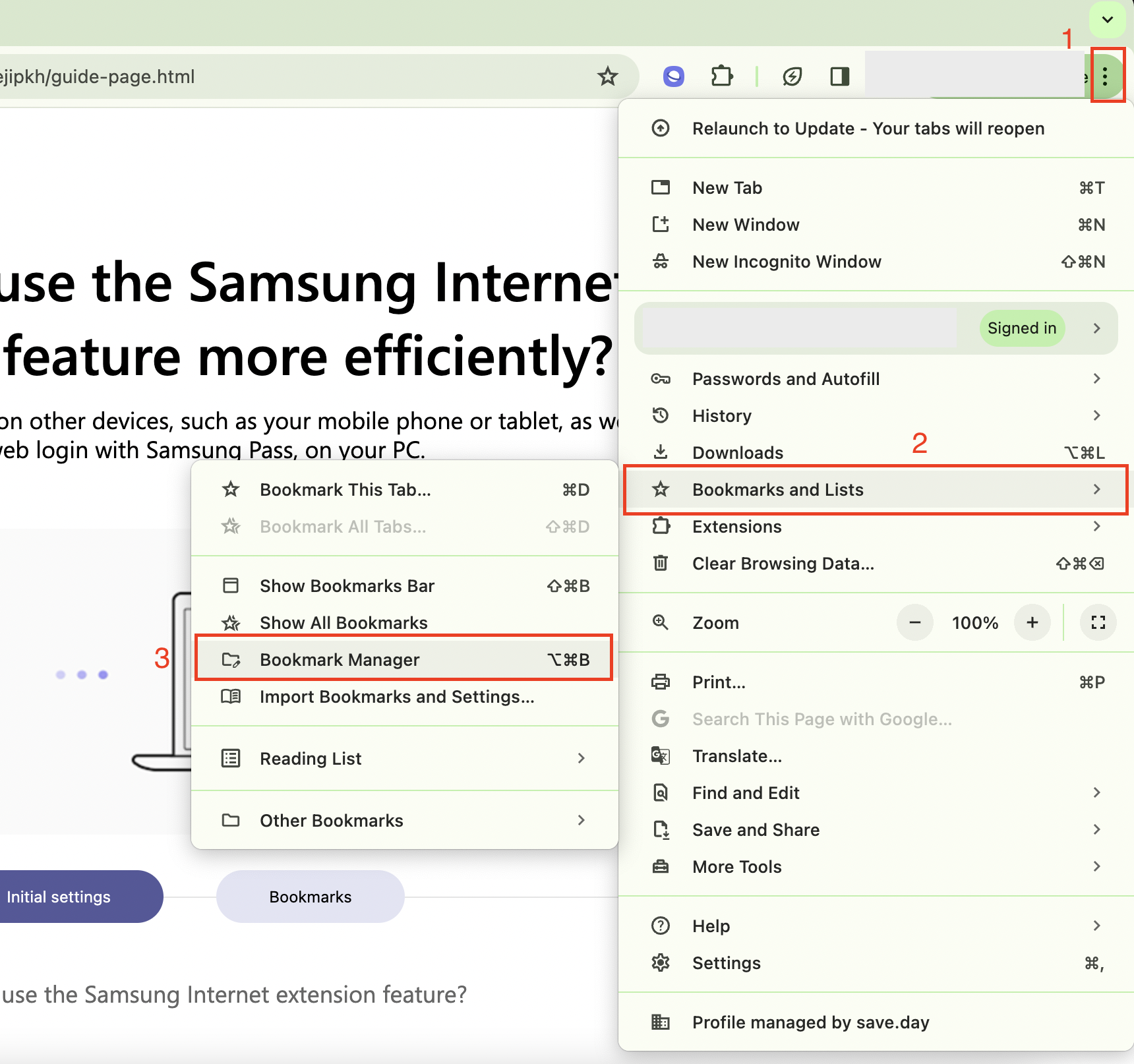 Open Bookmark Manager to import bookmarks to Samsung Internet