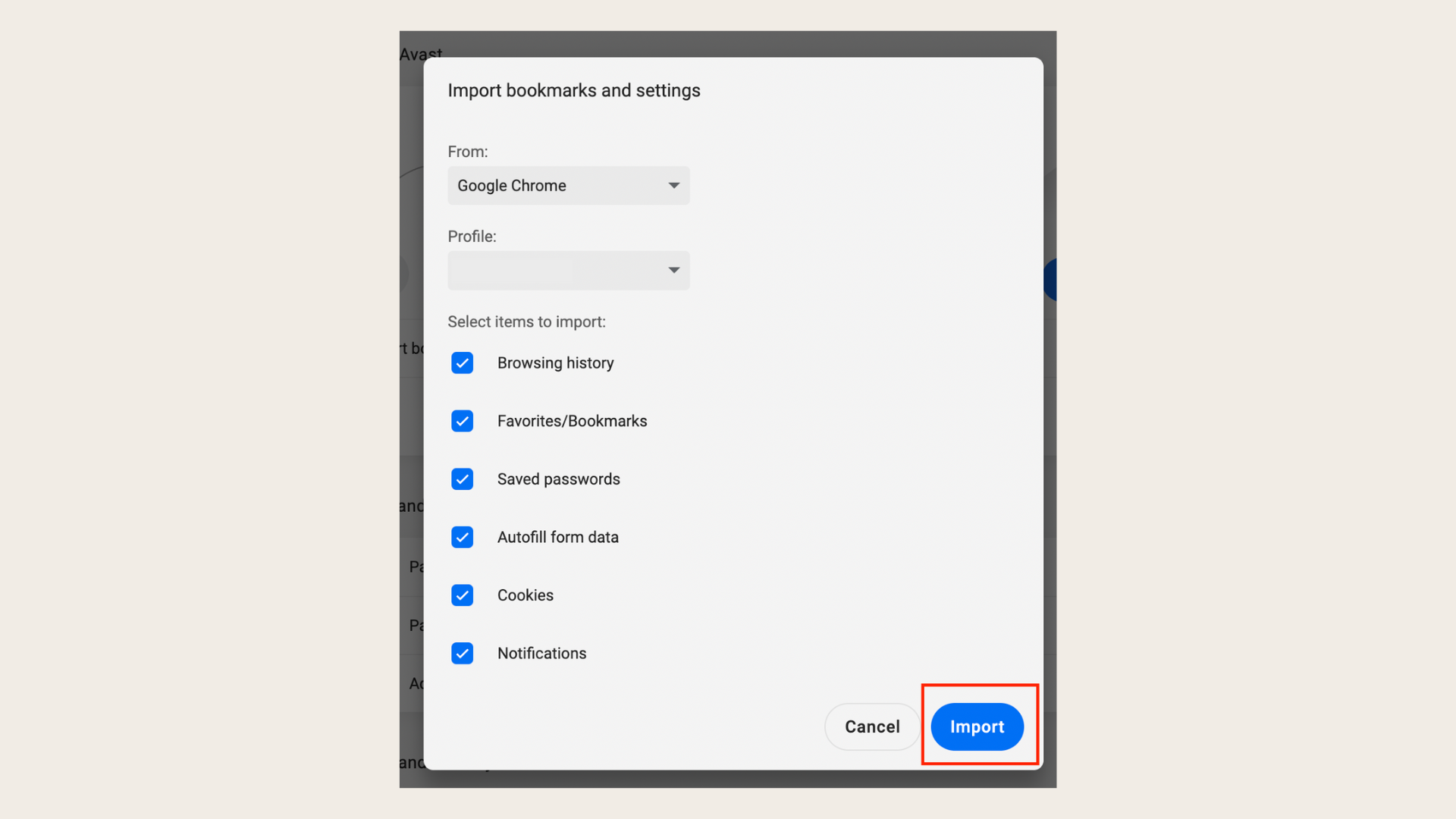 select the Avast Secure browser bookmarks you want to import