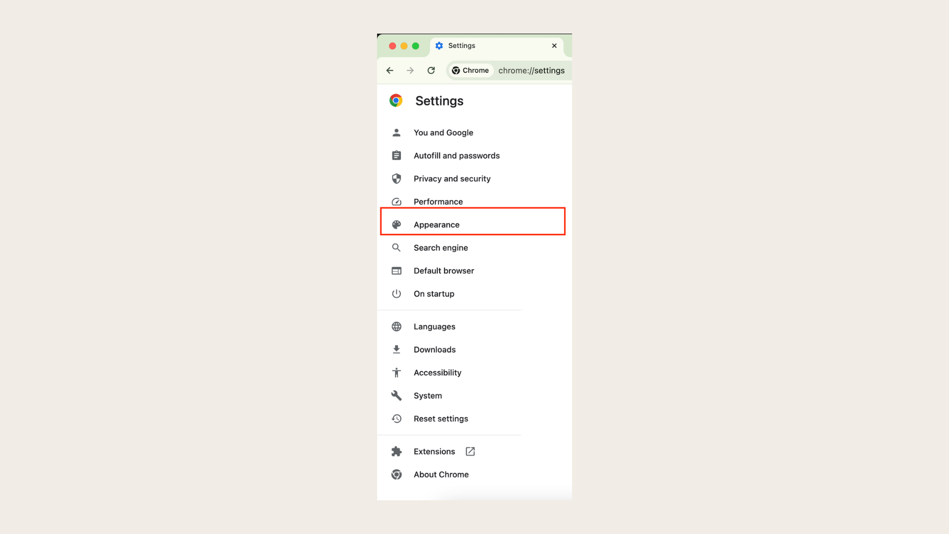 Navigate to the "Appearance" tab in the left sidebar to show bookmarks bar in Chrome