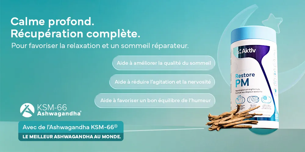 Bannière promo pour Restore PM de la gamme de produit supplément Aktiv.