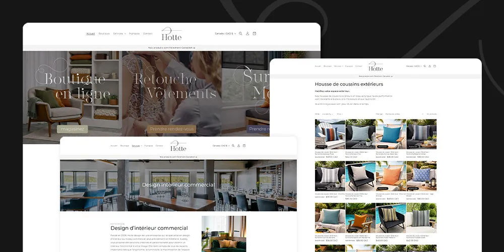 Aperçu du site web e-commerce Shopify réalisé pour hotte couture.