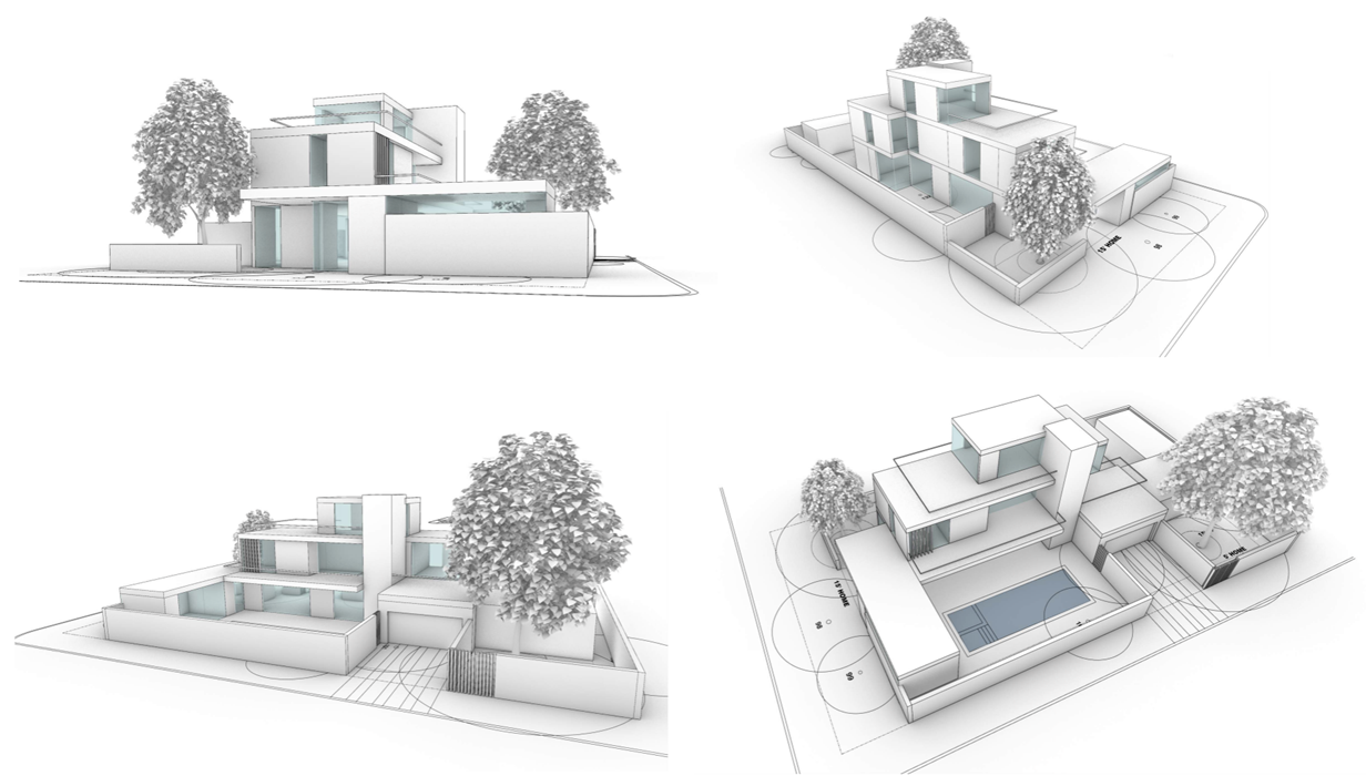Four 3D architectural renderings of a custom home design, including exterior views and site plan layouts.