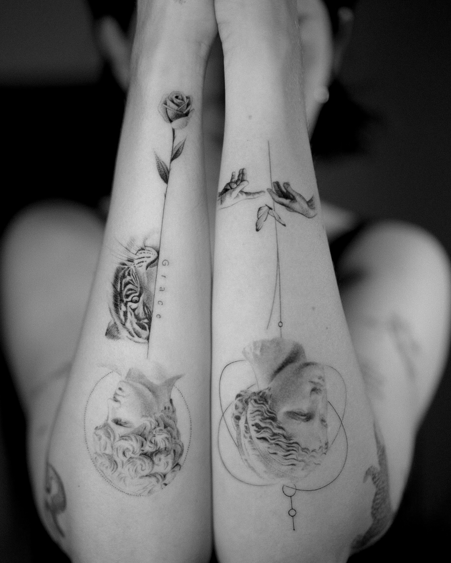Fine line matching forearm tattoos