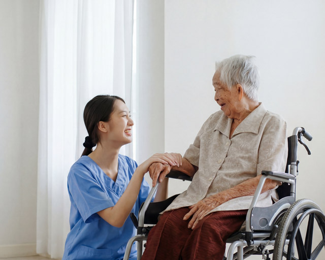 Smiling caregiver in blue scrubs holding hands and talking with an elderly woman sitting in a wheelchair.