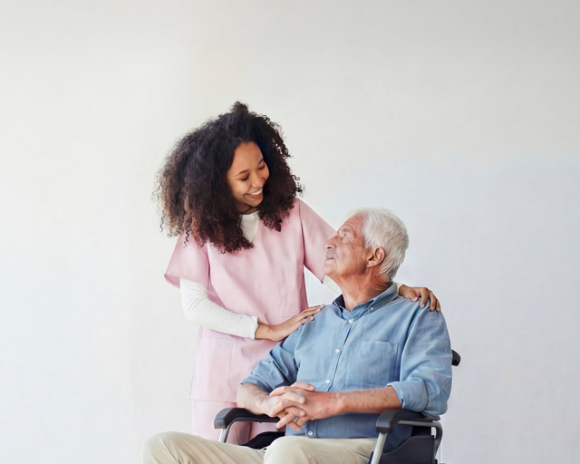 Young female caregiver smiling and standing behind an elderly man in a wheelchair, with a light gray background.