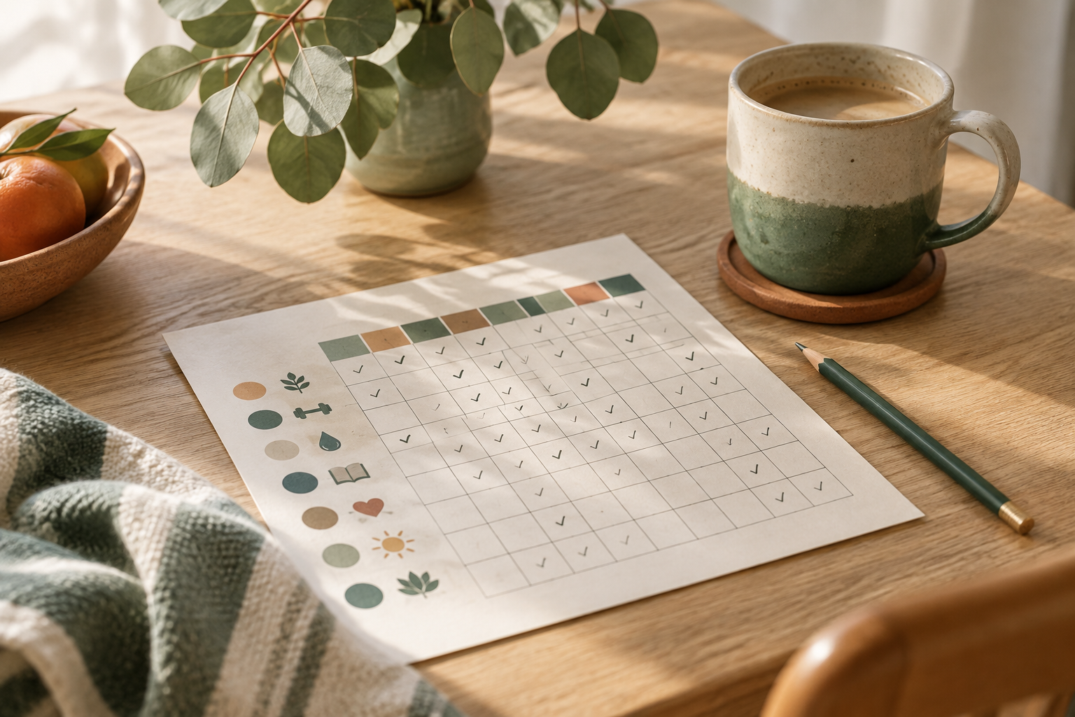 Printed habit tracker sheet with check marks on a kitchen table beside a coffee mug