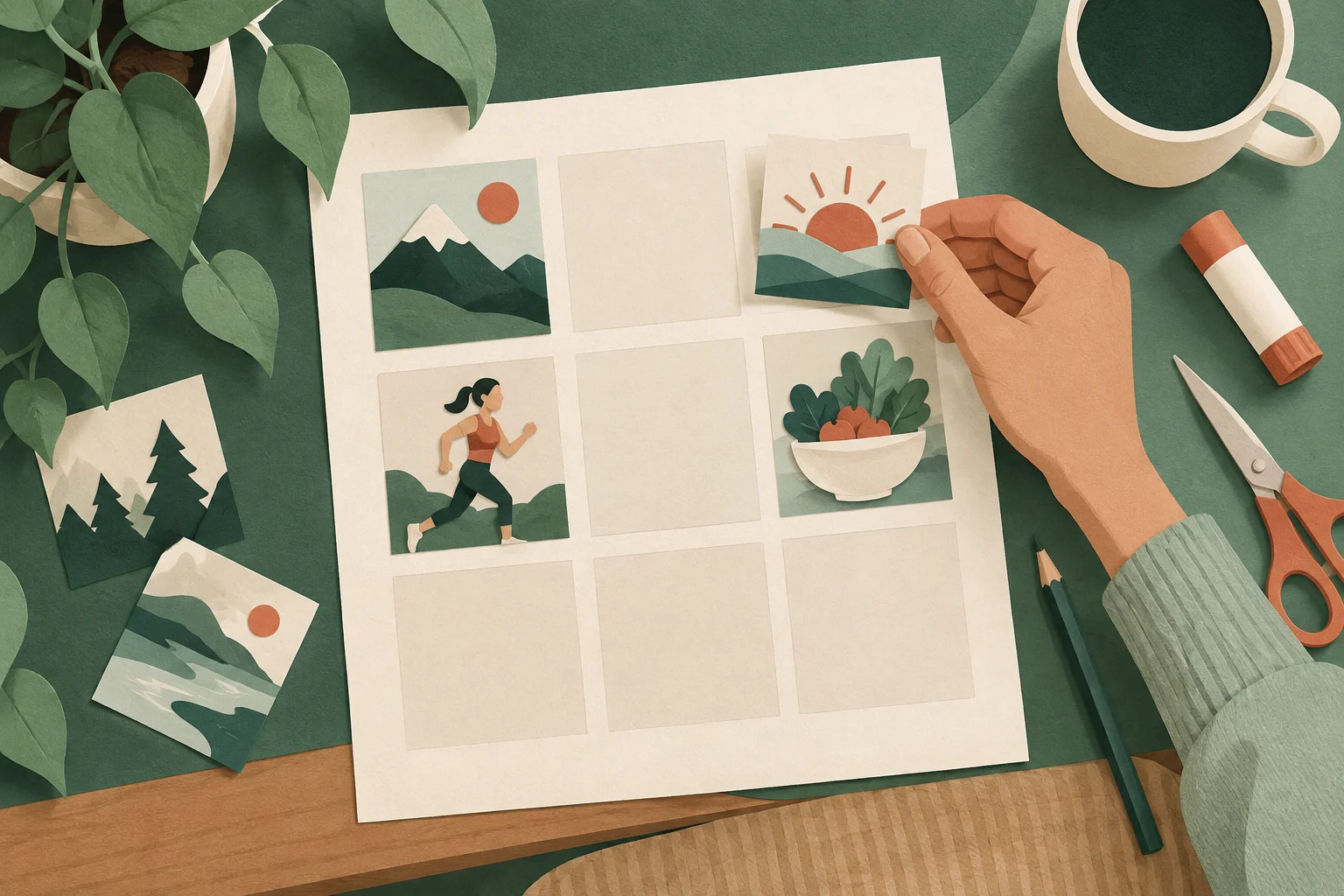 Paper-cut illustration of a hand placing pictures into a printed nine-panel vision board template on a desk
