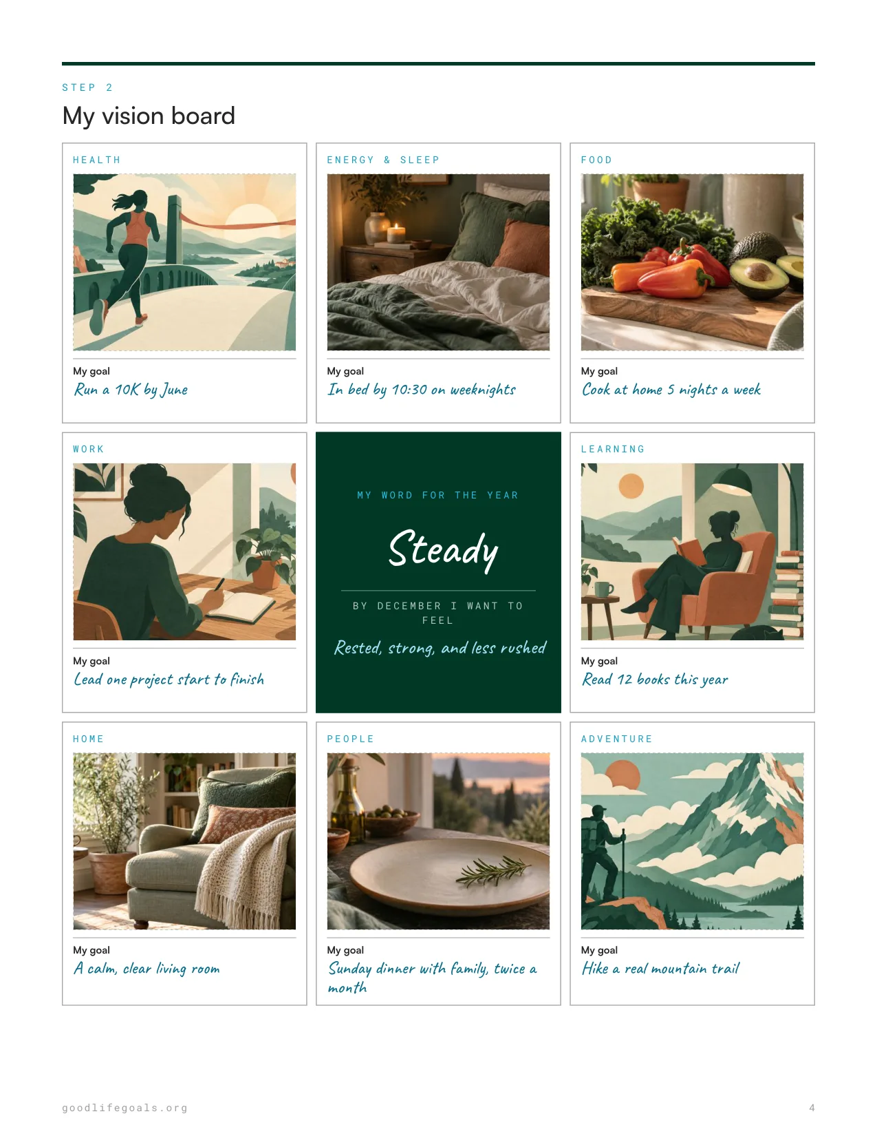 Filled-in printable vision board template with eight pictures around the word Steady, each with a written goal underneath