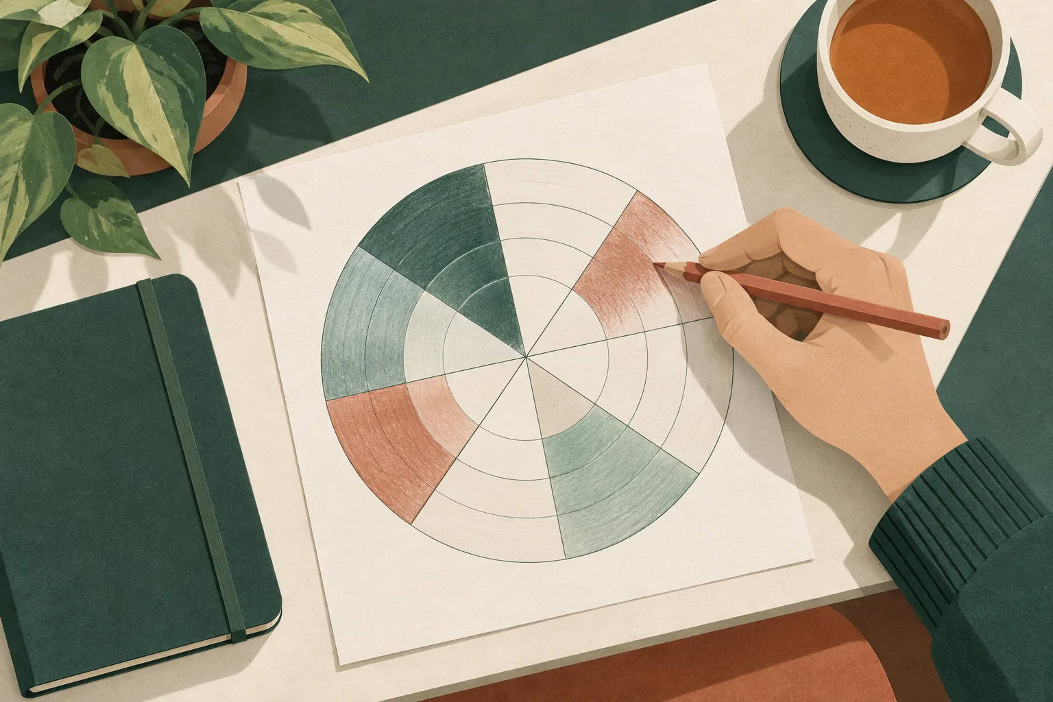 Paper-cut illustration of a hand shading segments of a printed wheel of life chart on a desk beside tea and a notebook