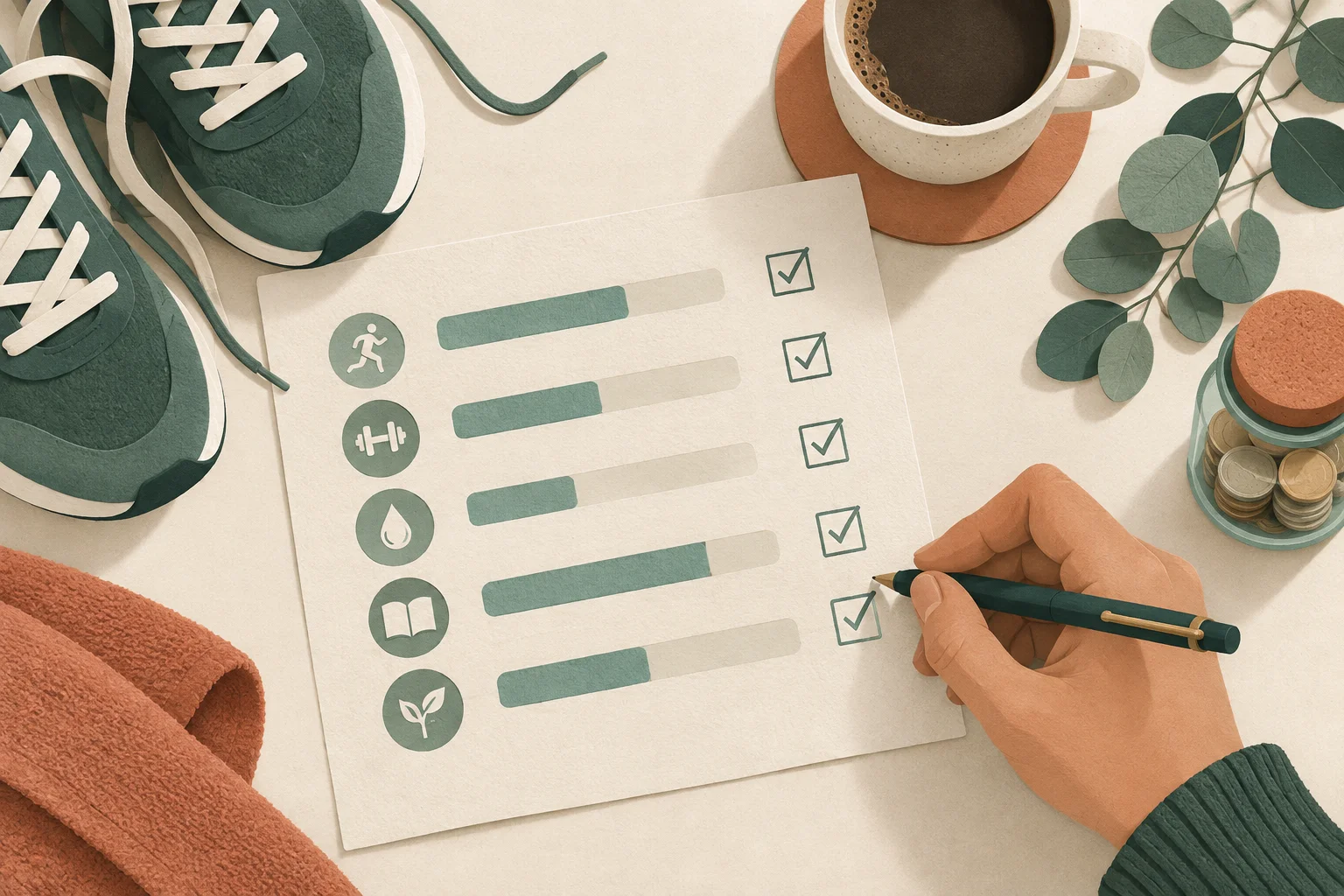 Paper-cut illustration of a hand ticking boxes on a printed goal tracker with progress bars, beside running shoes and a coin jar