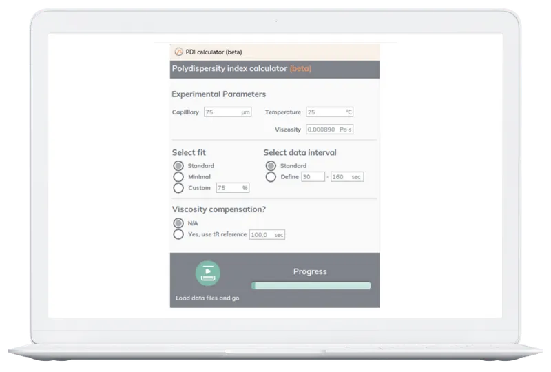 Laptop screen displaying a polydispersity index calculator interface with input fields for capillary size, temperature, viscosity, fit selection, data interval, and viscosity compensation, plus a progress bar and data load button.