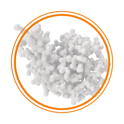 White molecular structure model encircled by two orange concentric rings on a transparent background.