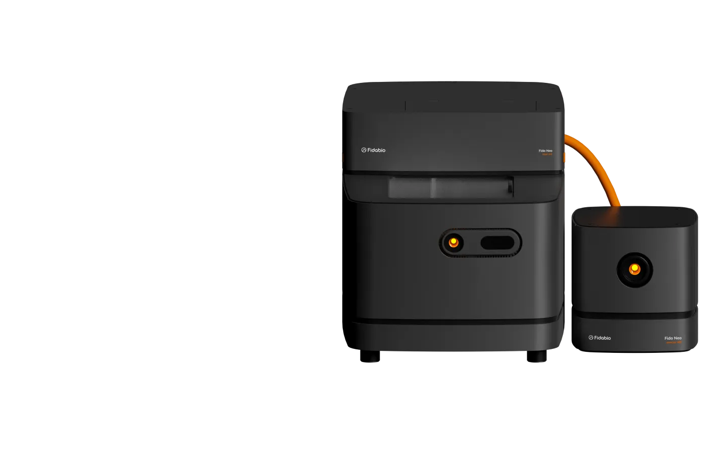 Sleek black medical devices on a dark background. The larger unit is connected to a smaller one with an orange cable, both with orange-lit circular indicators.