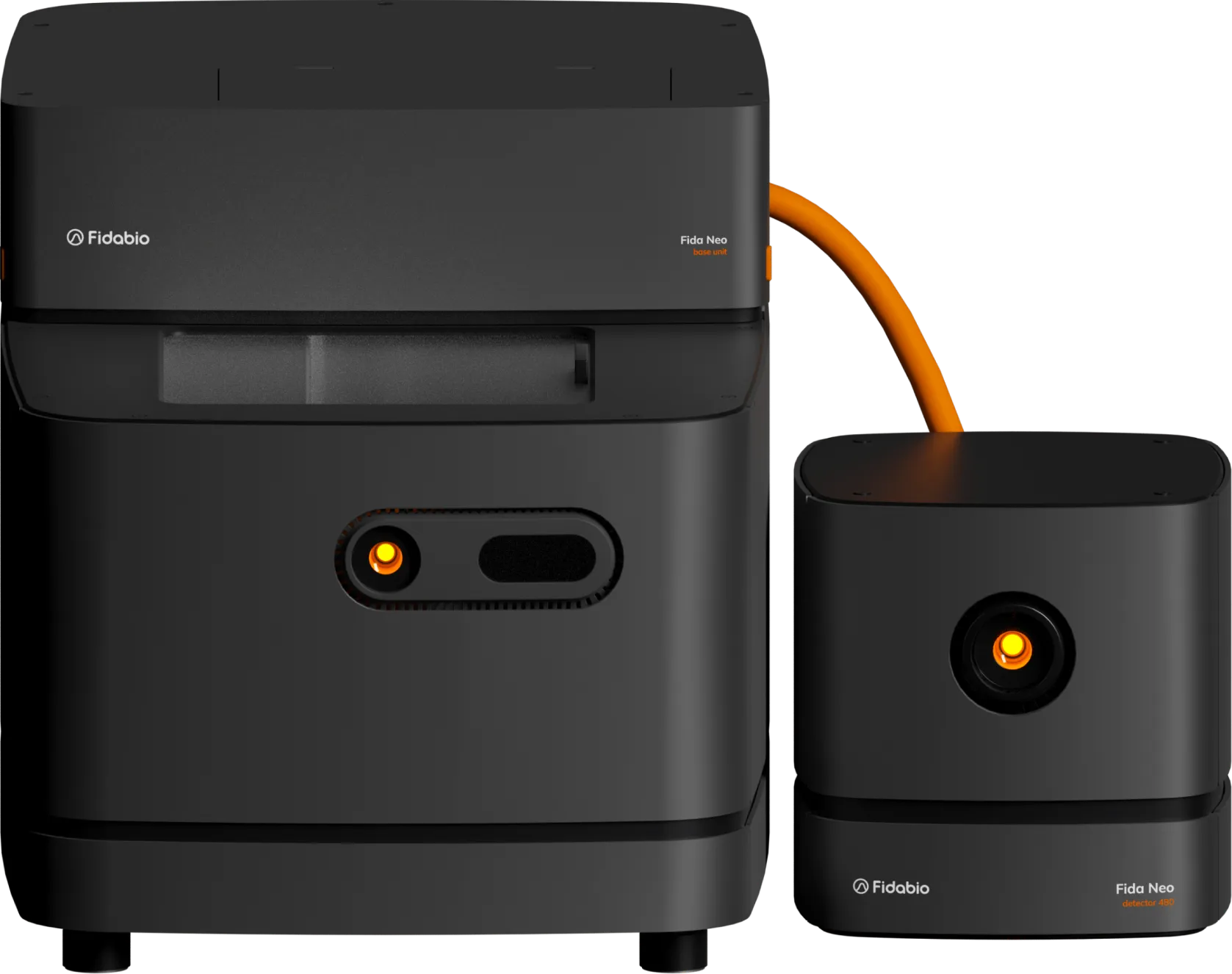 Sleek black medical devices on a dark background. The larger unit is connected to a smaller one with an orange cable, both with orange-lit circular indicators.