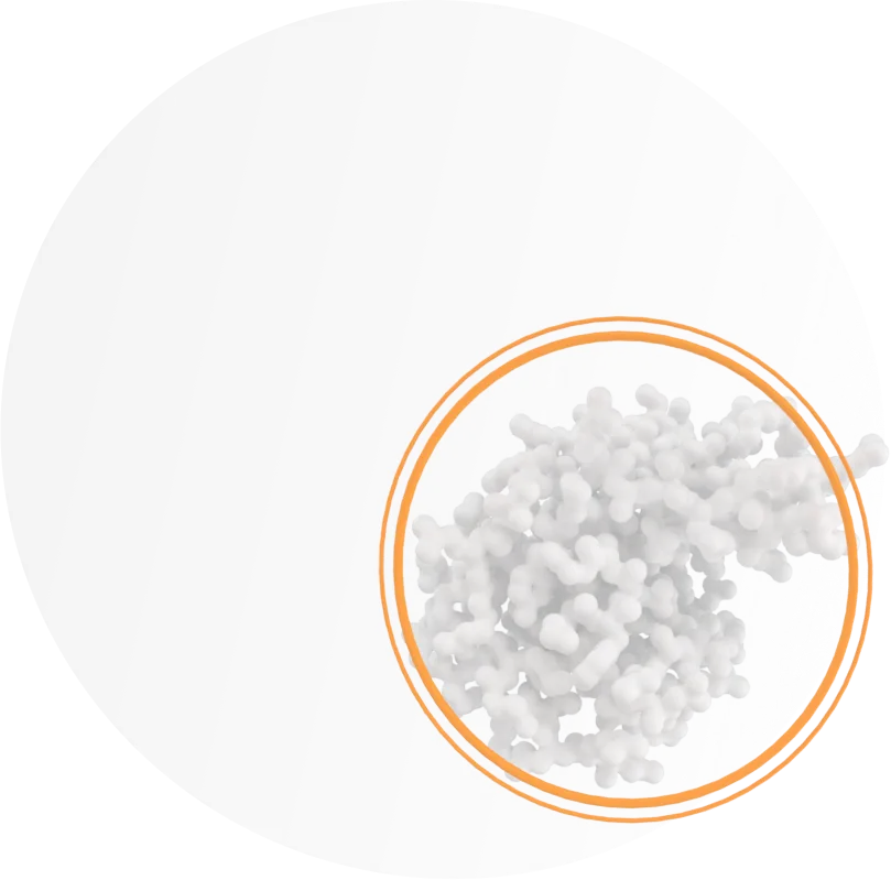 3D molecular structure with white interconnected spheres highlighted inside two overlapping orange circles on a white background.