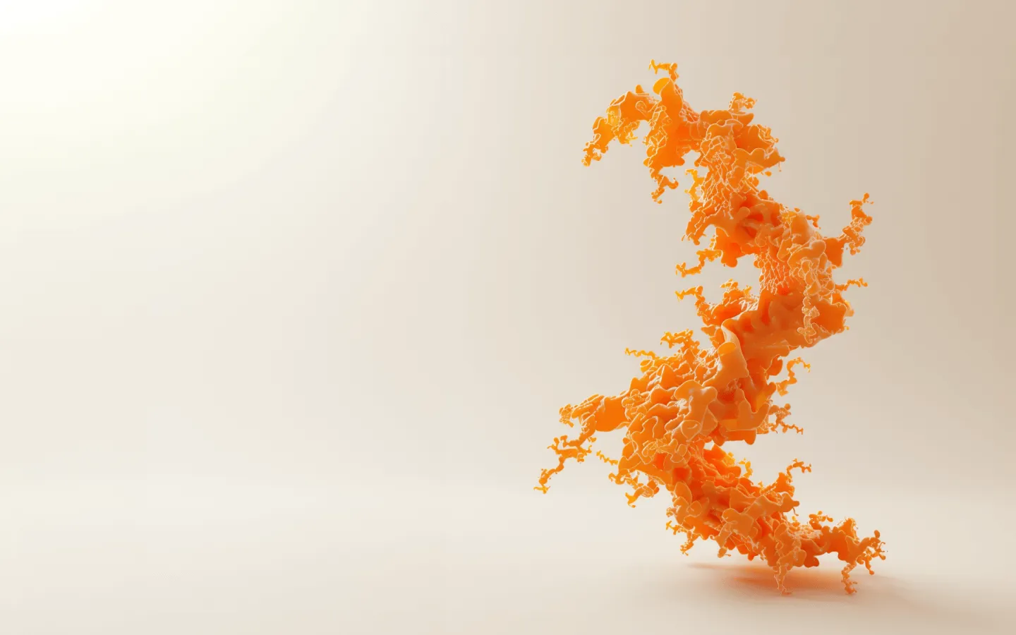Abstract 3D visualization of an orange, irregularly shaped fibril structure on a beige background.