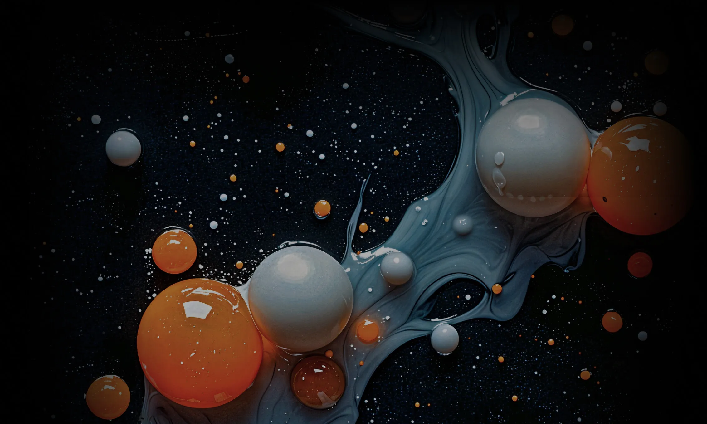 Abstract composition of orange and white glossy spheres floating on a dark, swirling blue and black background.