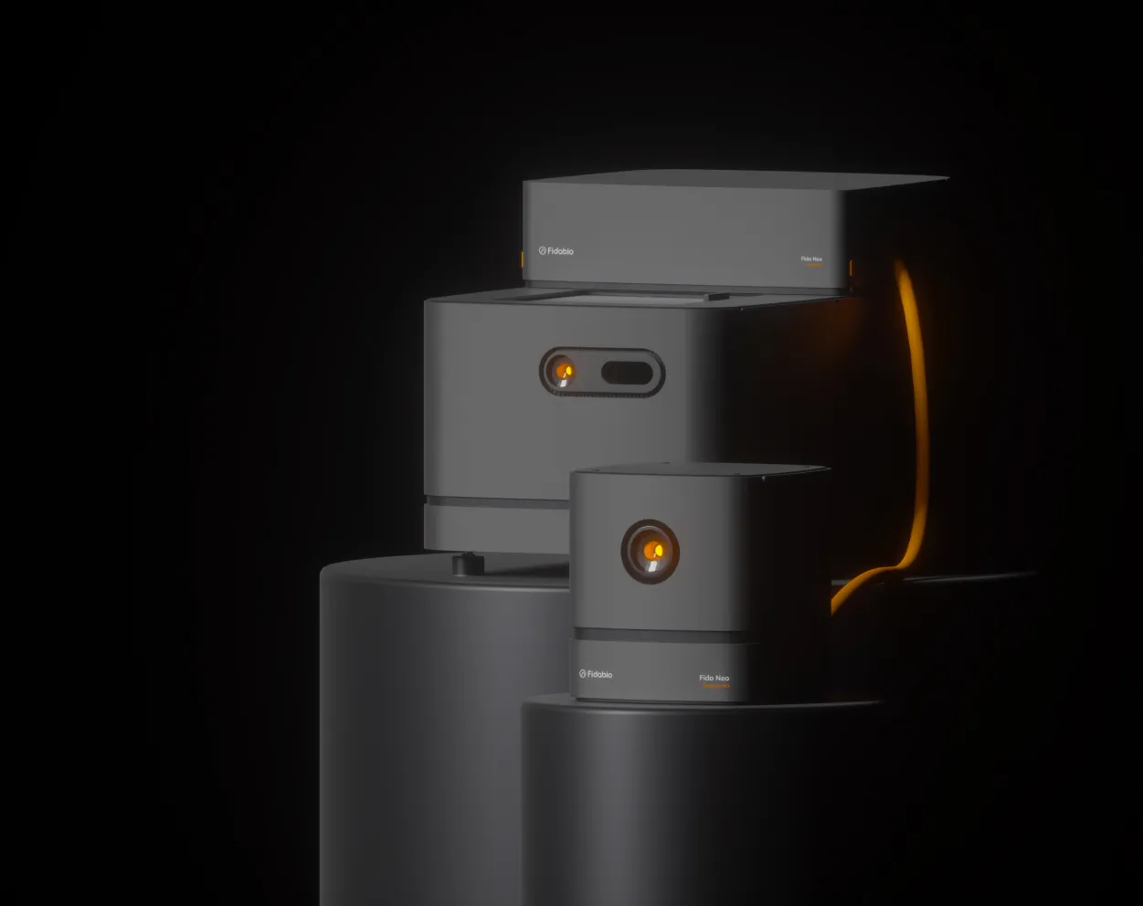 Two sleek, dark gray Fido Neo devices with glowing orange lights, set against a black background.