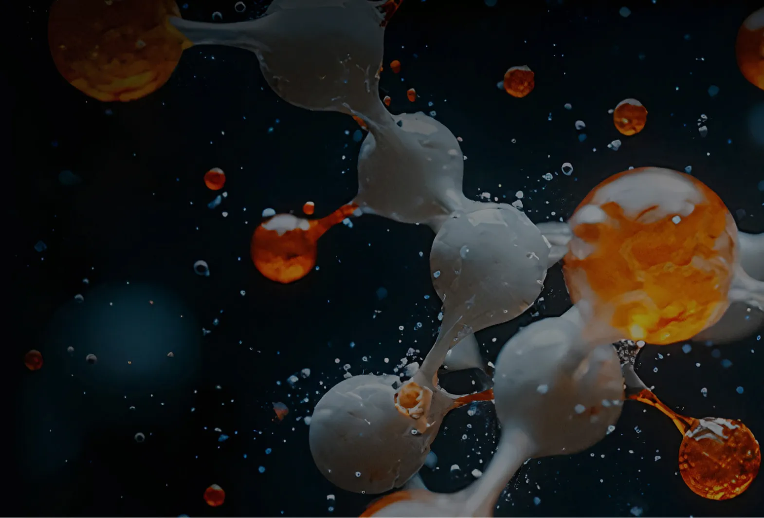 3D illustration of molecular structure with gray and orange atoms connected by bonds on a dark background.